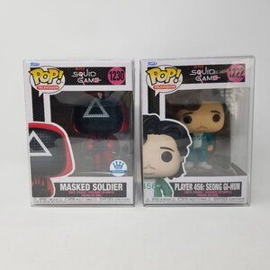 Funko Pop Squid Game Lot Exclusive Masked Soldier, Player 456 & Protective Cases